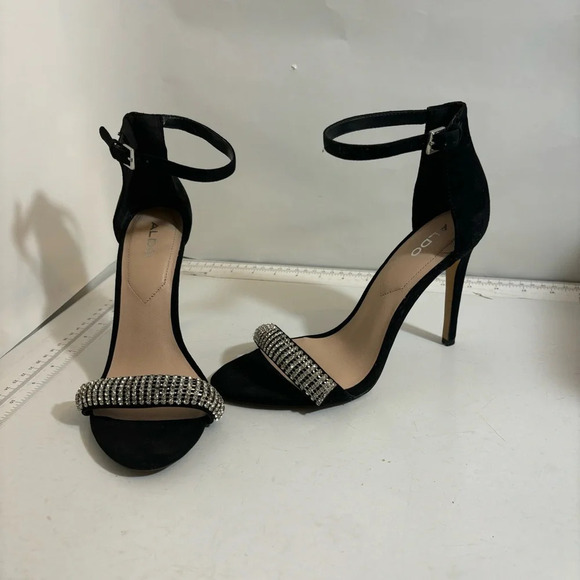 Aldo women’s black velvet crystal embellished strappy stiletto  heeled sandals 9 - Picture 1 of 12